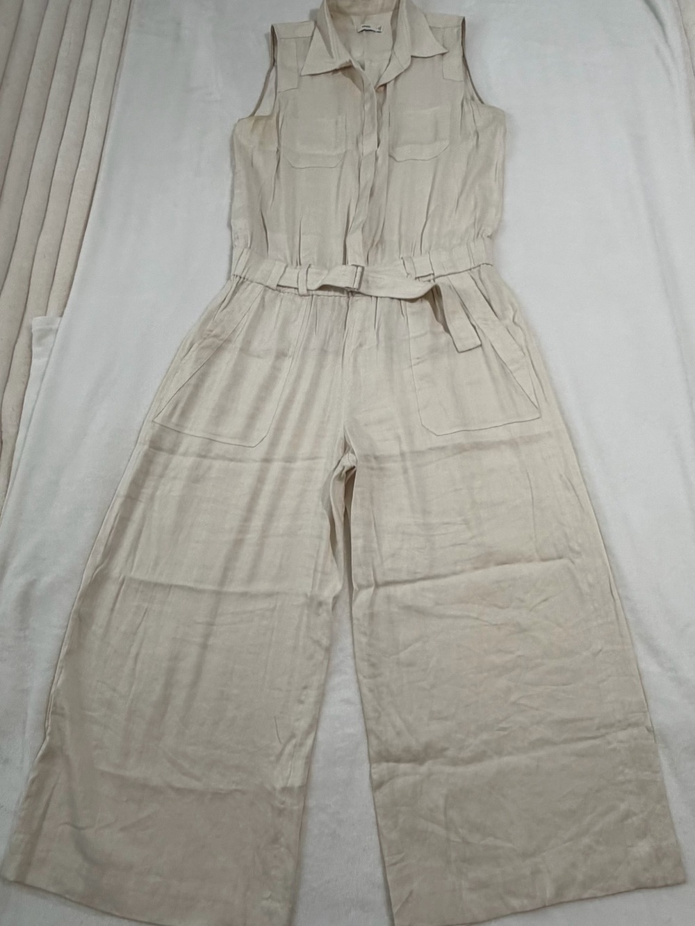 Vince Cream Sleeveless Wide-Leg Belted Jumpsuit linen